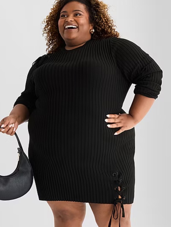 Ashley Graham Dresses & Skirts - Ashley Graham Women 5X Black Ribbed Lace Up Long Sleeve Mini Sweater Dress NWT